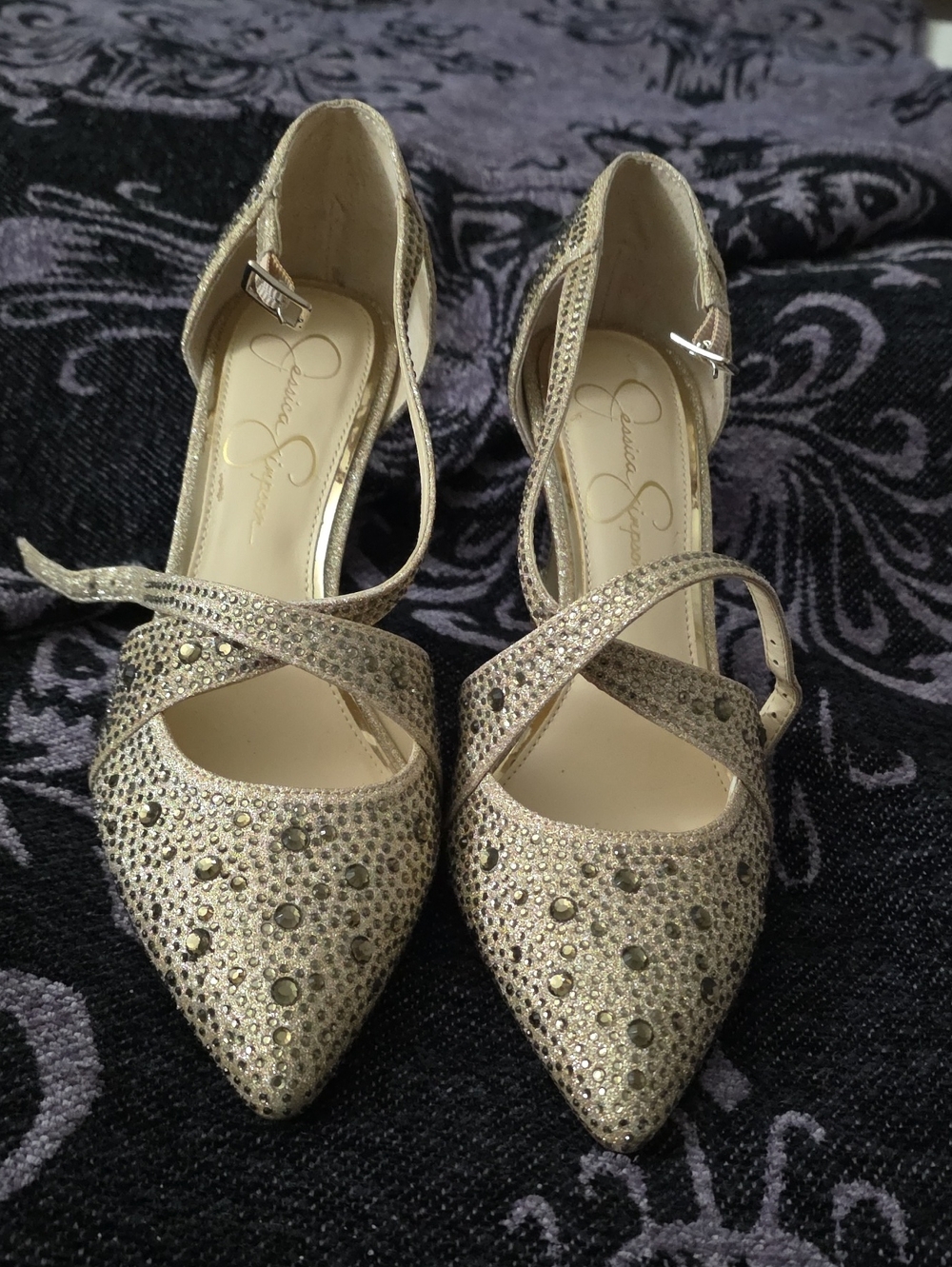 Jessica Simpson Gold Rhinestone-Embellished Strappy Pointed-Toe Heels